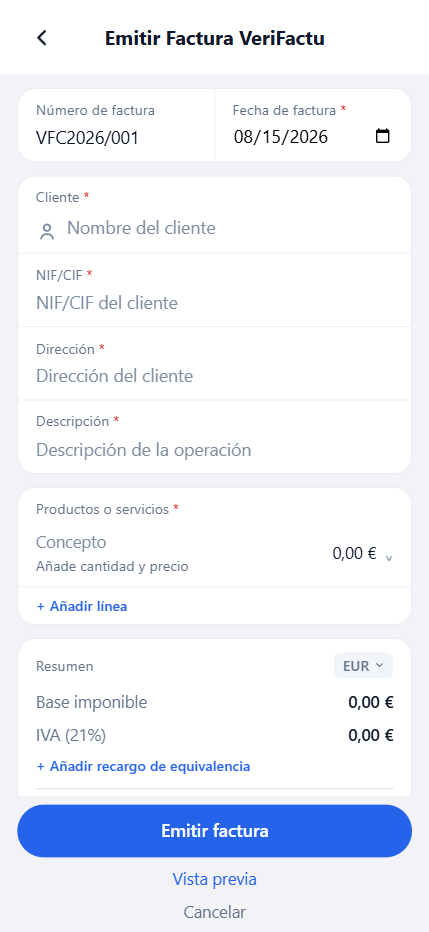 Pantalla de emisión de factura VeriFactu en la app, con el desglose de base e IVA
