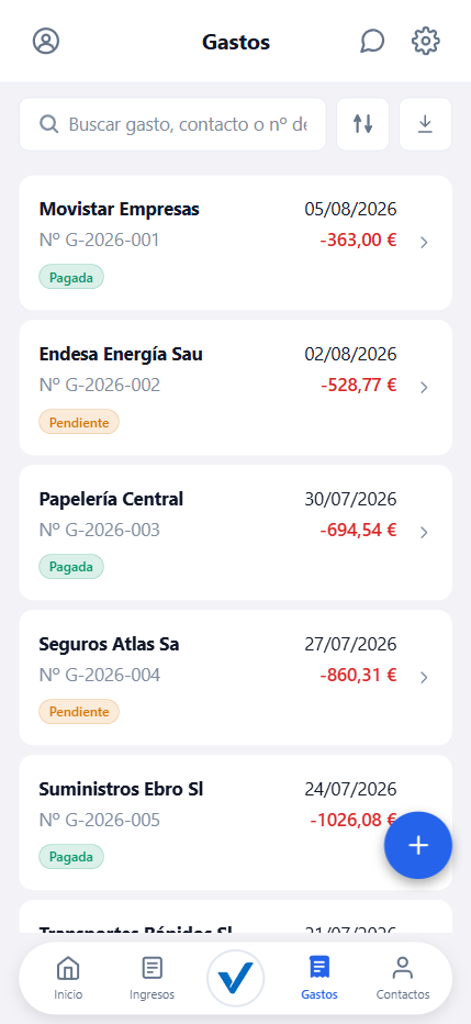 Lista de gastos en la app, con proveedor, importe y estado de pago