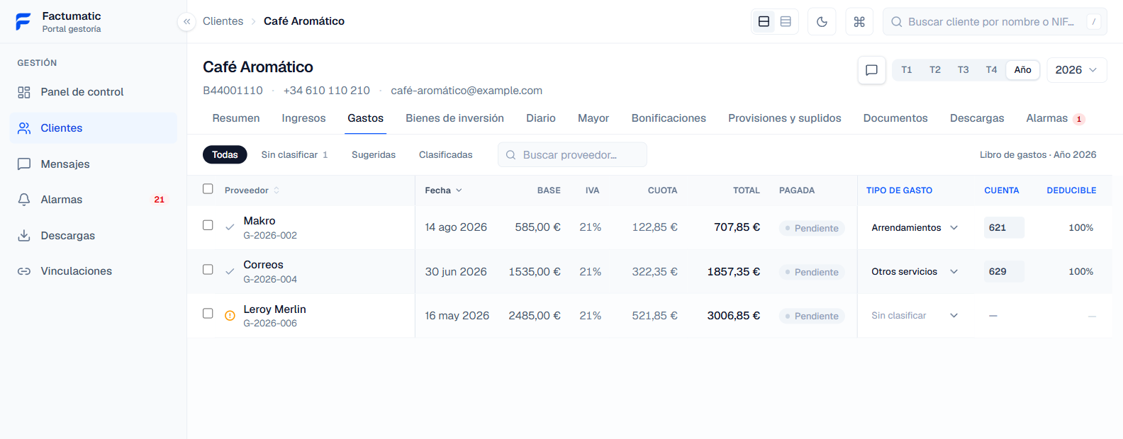 Libro de gastos de un cliente, con base, IVA, total y la cuenta del plan contable